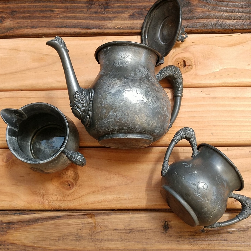 Vintage Pewter Tea Set - Gray Teapot, Creamer & Sugar Bowl